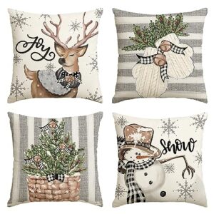 avoin colorlife christmas snowman reindeer gloves eucalyptus throw pillow covers, 20 x 20 inch winter holiday stripes cushion case decoration for sofa couch set of 4
