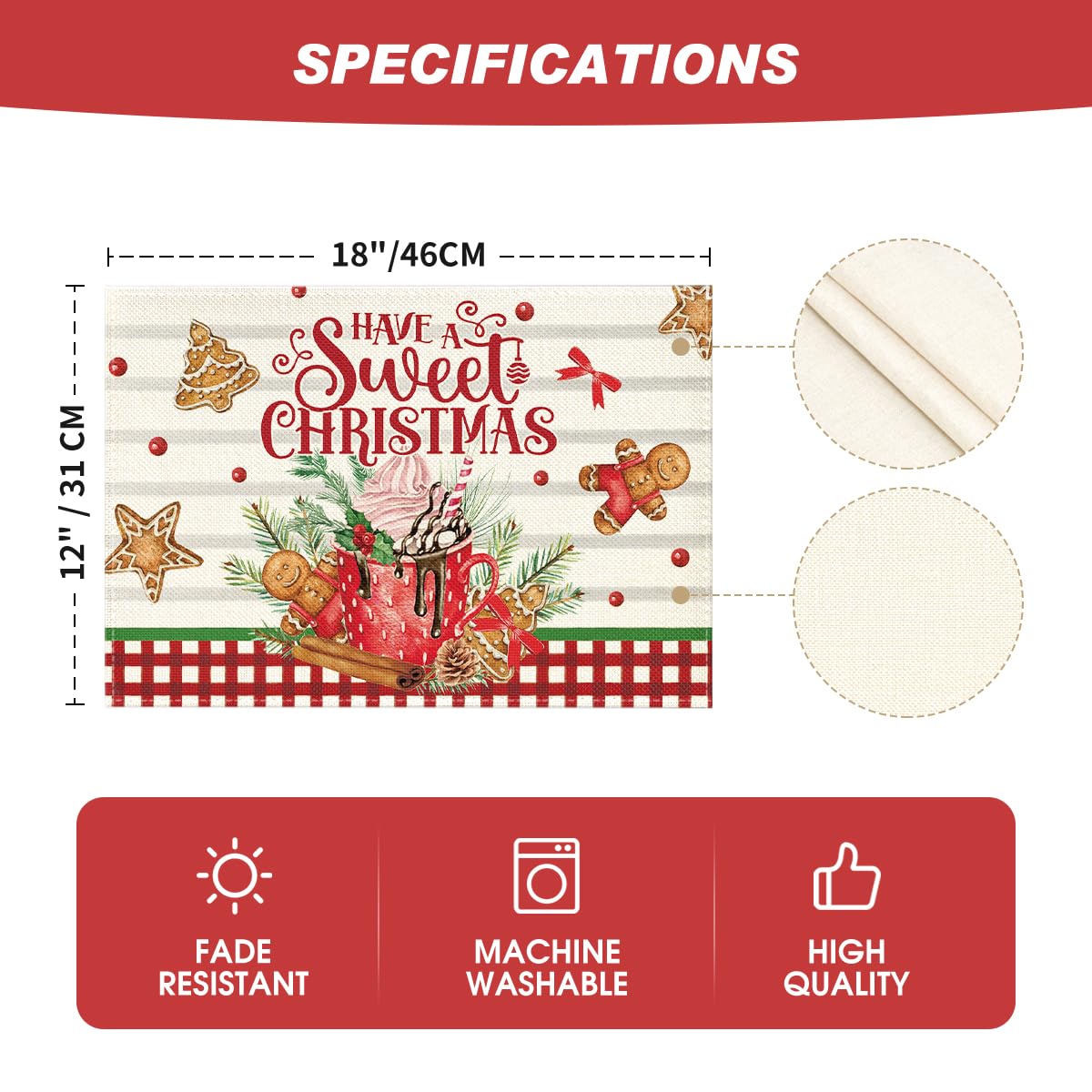 Artoid Mode Ice Cream Gingerbread Sweet Christmas Placemats Set of 6, 12x18 Inch Seasonal Winter Table Mats for Party Kitchen Dining Decoration