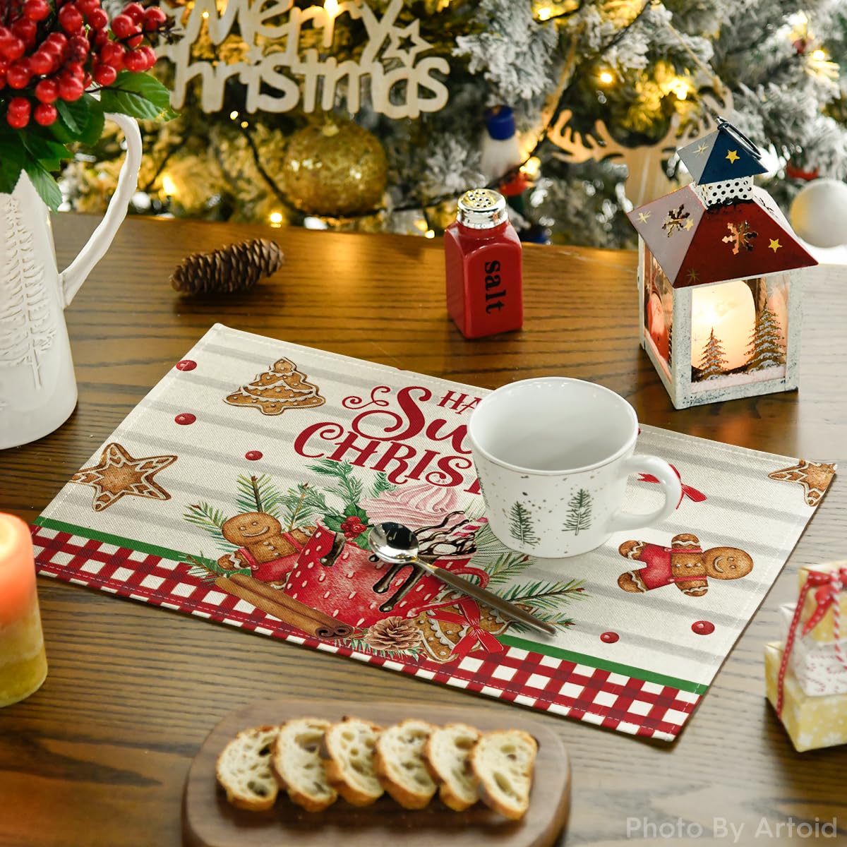 Artoid Mode Ice Cream Gingerbread Sweet Christmas Placemats Set of 6, 12x18 Inch Seasonal Winter Table Mats for Party Kitchen Dining Decoration