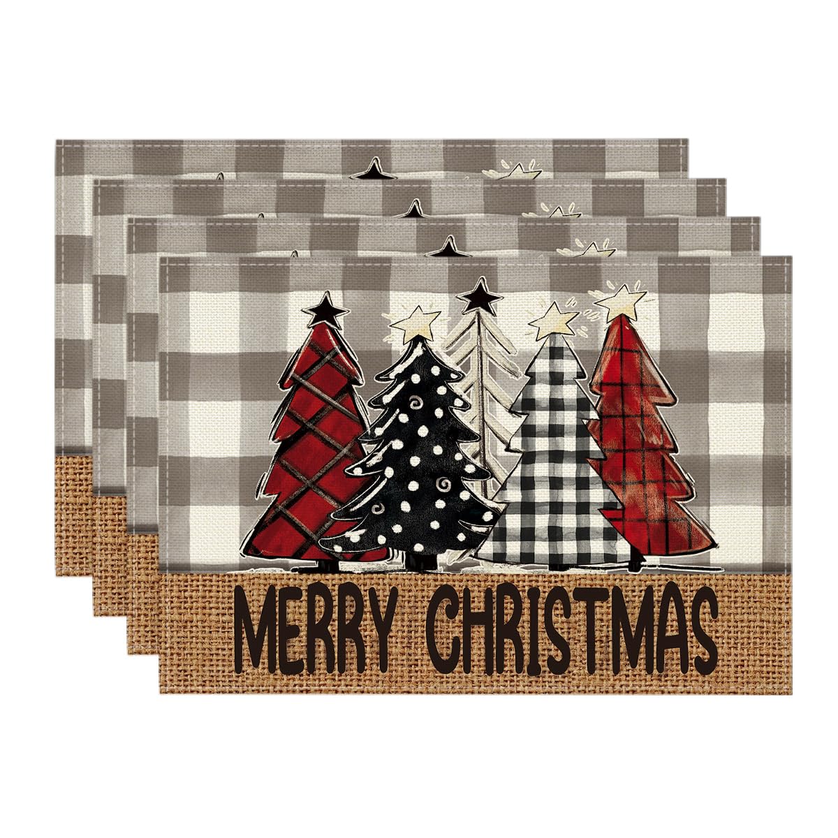 Artoid Mode Buffalo Plaid Xmas Trees Merry Christmas Placemats Set of 4, 12x18 Inch Seasonal Winter Table Mats for Party Kitchen Dining Decoration