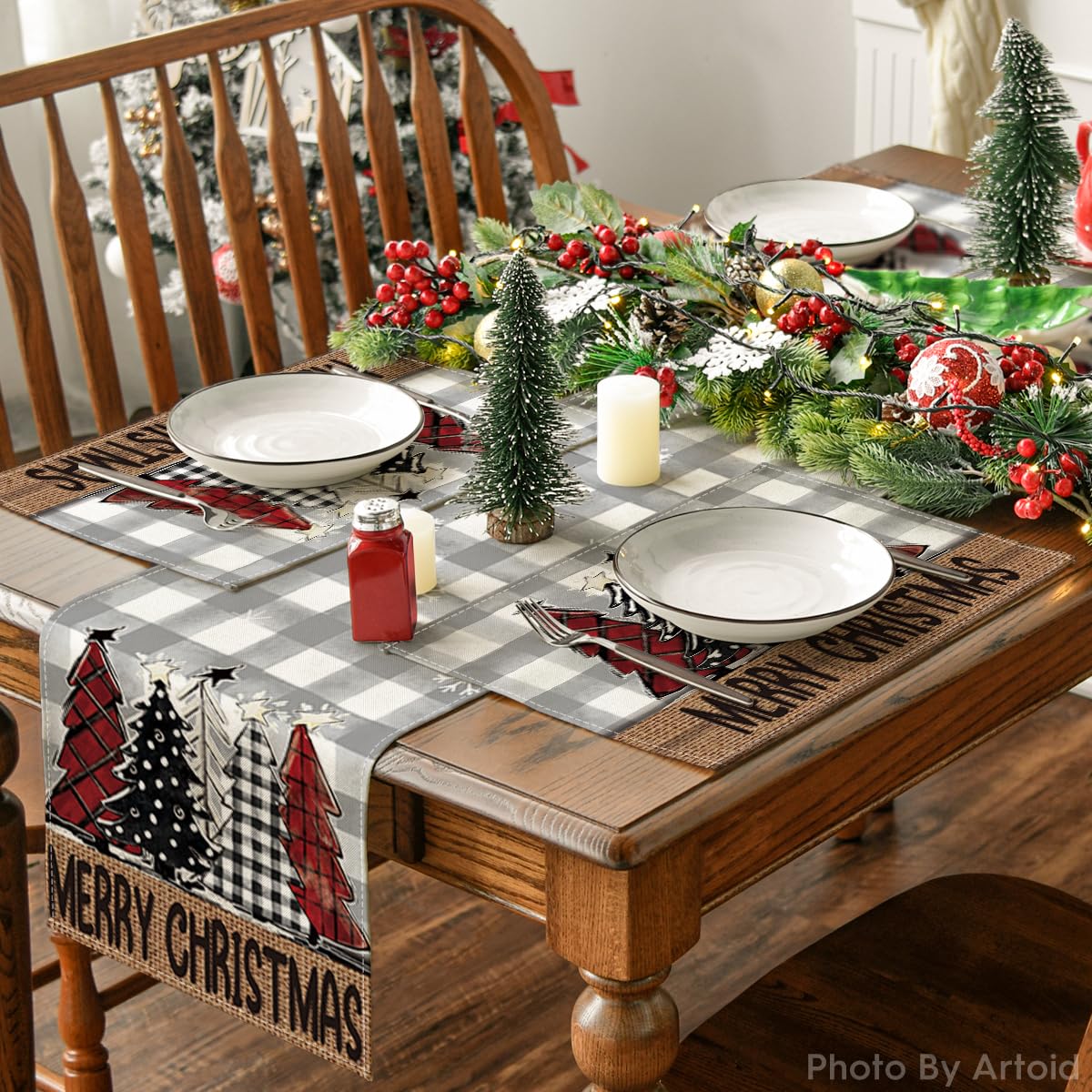 Artoid Mode Buffalo Plaid Xmas Trees Merry Christmas Placemats Set of 4, 12x18 Inch Seasonal Winter Table Mats for Party Kitchen Dining Decoration