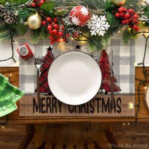 Artoid Mode Buffalo Plaid Xmas Trees Merry Christmas Placemats Set of 4, 12x18 Inch Seasonal Winter Table Mats for Party Kitchen Dining Decoration