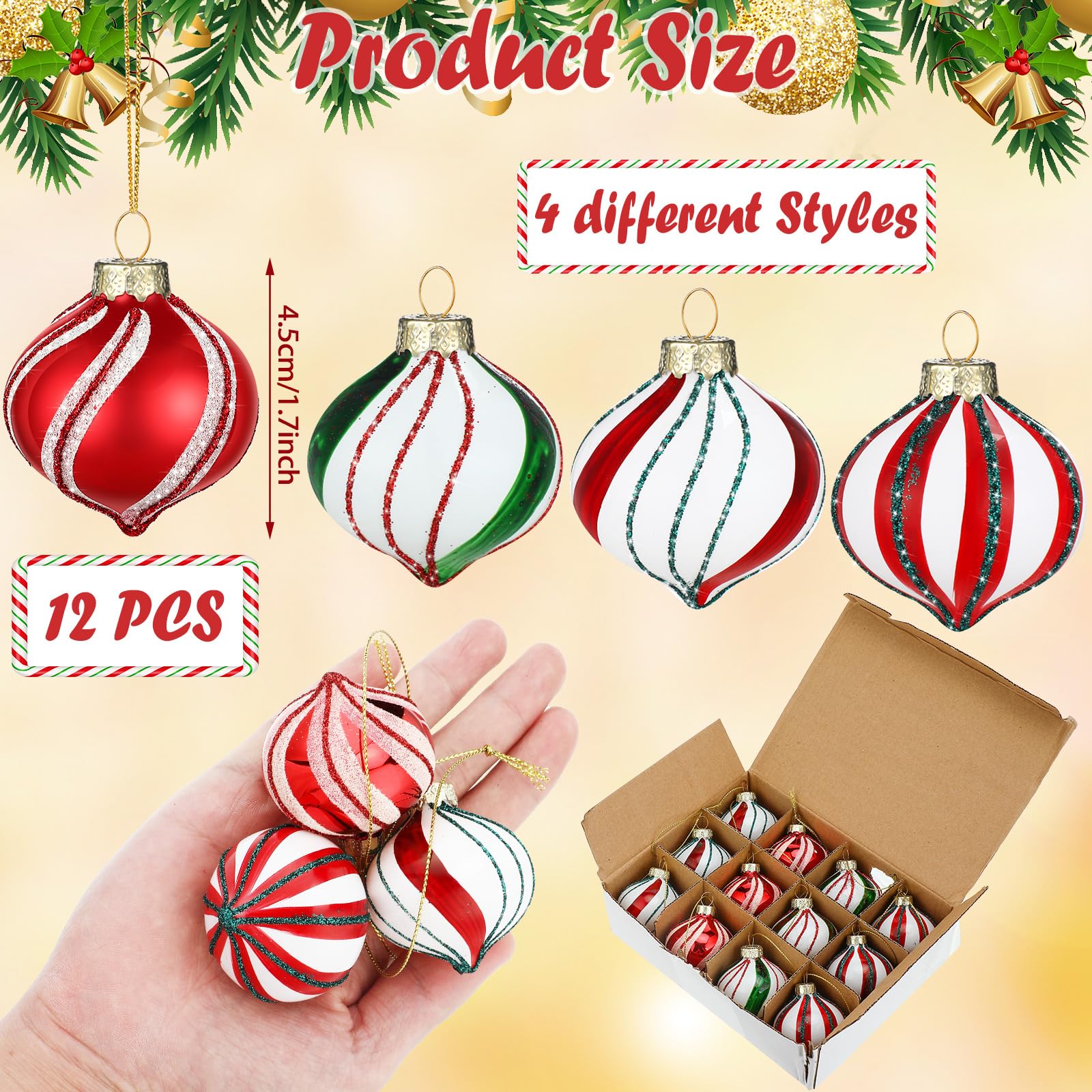 12 Pcs Peppermint Candy Ornament Set Christmas Candy Cane Balls Ornaments Christmas Candy Cane Decorations Christmas Balls Mini Glass Ornaments for Indoor Outdoor Tree Decor (Retro Style)