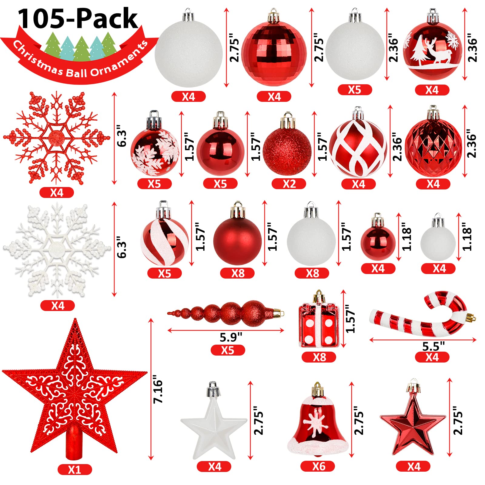 OurWarm 105pcs Christmas Ball Ornaments, Shatterproof Christmas Ornaments Sets for Christmas Tree Decorations, Holidays, Home, Party Decorations, Tree Ornaments