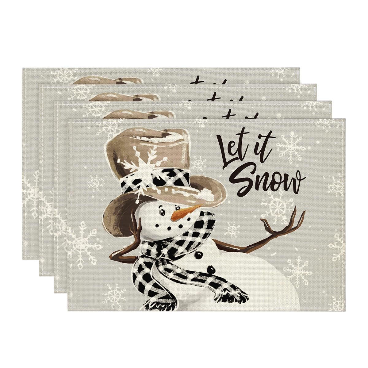 Artoid Mode Grey Snowman Snowflakes Let it Snow Winter Placemats Set of 4, 12x18 Inch Seasonal Christmas Table Mats for Party Kitchen Dining Decoration