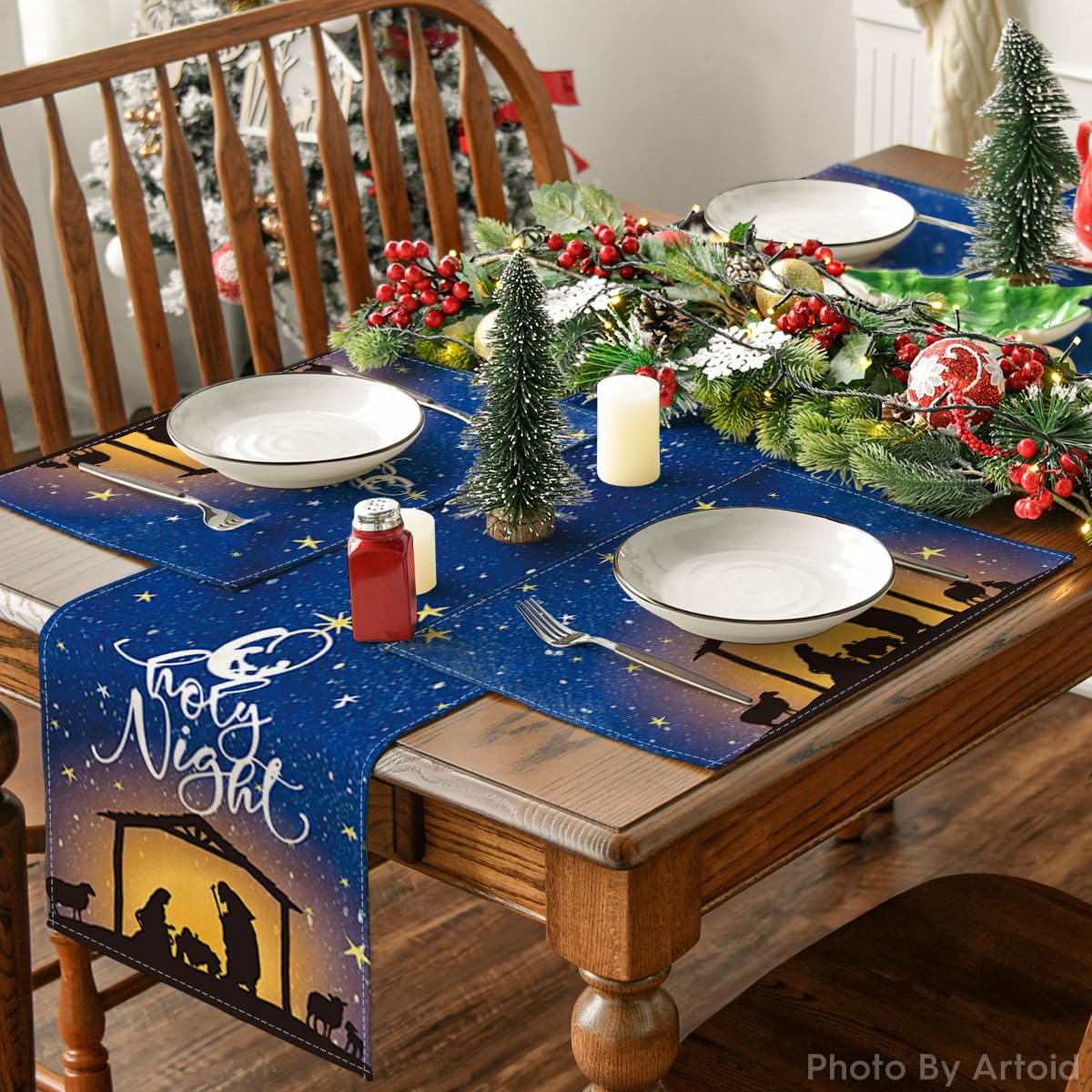 Artoid Mode The Lord Blue Sky Christmas Placemats Set of 6, 12x18 Inch Seasonal Winter Holy Night Table Mats for Party Kitchen Dining Decoration