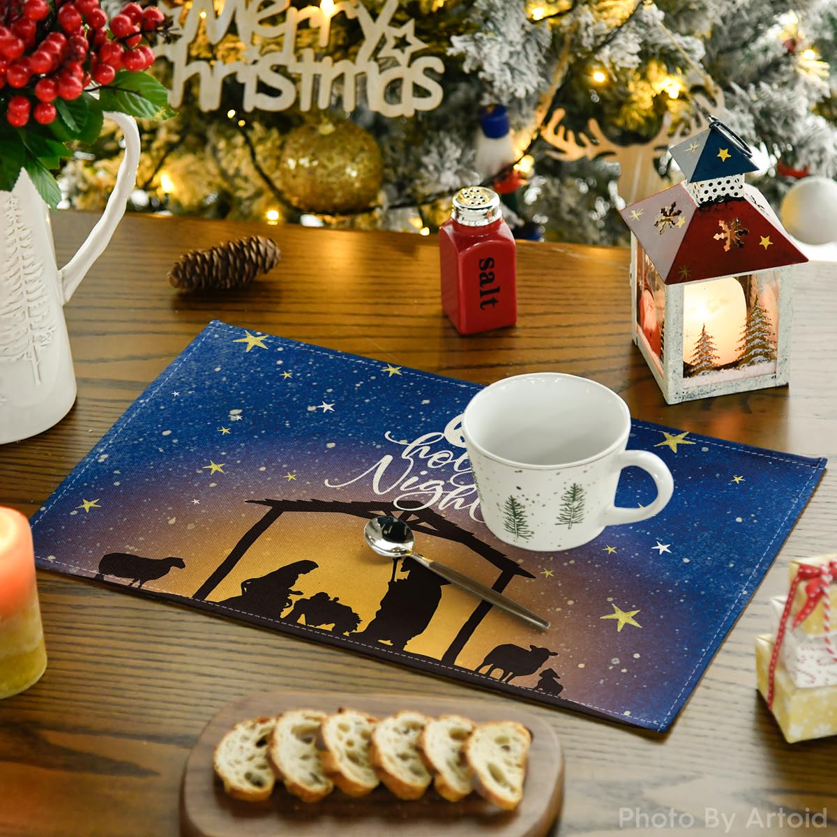 Artoid Mode The Lord Blue Sky Christmas Placemats Set of 6, 12x18 Inch Seasonal Winter Holy Night Table Mats for Party Kitchen Dining Decoration