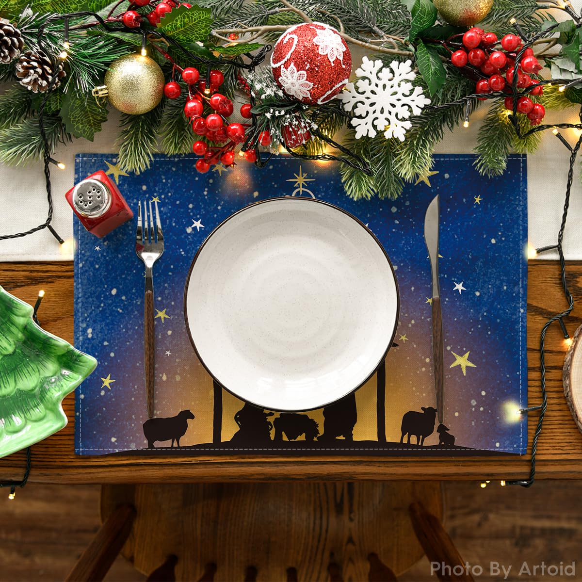 Artoid Mode The Lord Blue Sky Christmas Placemats Set of 6, 12x18 Inch Seasonal Winter Holy Night Table Mats for Party Kitchen Dining Decoration