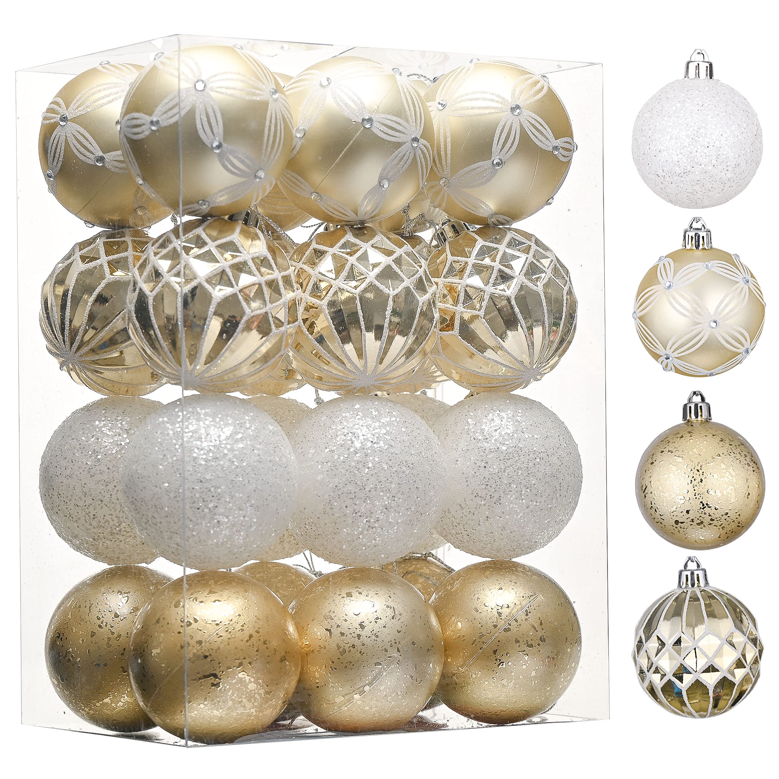 Valery Madelyn Christmas Tree Decorations Set, 24ct White and Gold Shatterproof Christmas Ball Ornaments Bulk, 2.36 Inches Elegant Hanging Ornaments for Christmas Trees Xmas Holiday Decor