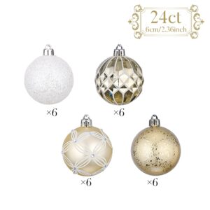 Valery Madelyn Christmas Tree Decorations Set, 24ct White and Gold Shatterproof Christmas Ball Ornaments Bulk, 2.36 Inches Elegant Hanging Ornaments for Christmas Trees Xmas Holiday Decor
