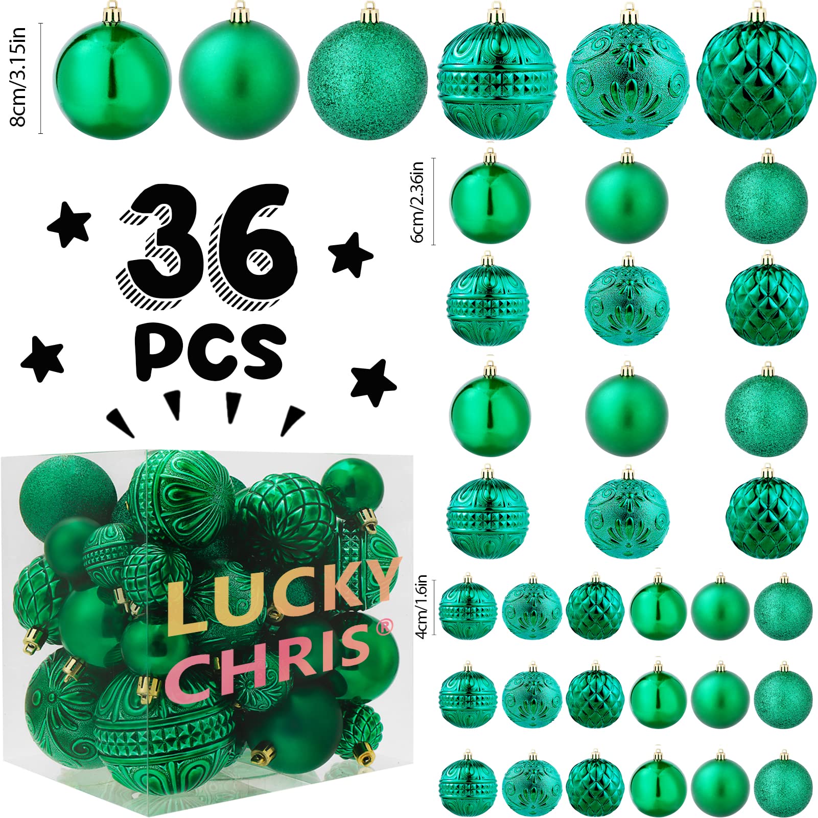 Christmas Ball Ornaments Green Christmas Tree Decorations with Hang Rope-36pcs Shatterproof Christmas Ornaments Set with 6 Styles in 3 Sizes(Small Medium Large)