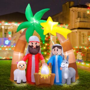 COOBILY 8FT Christmas Inflatables Decorations Nativity Scene, Bright LED Lights Jesus Blow up Christmas Decorations with Star of Bethlehem Archway for Indoor Outdoor Christmas Yard Decor, Brown