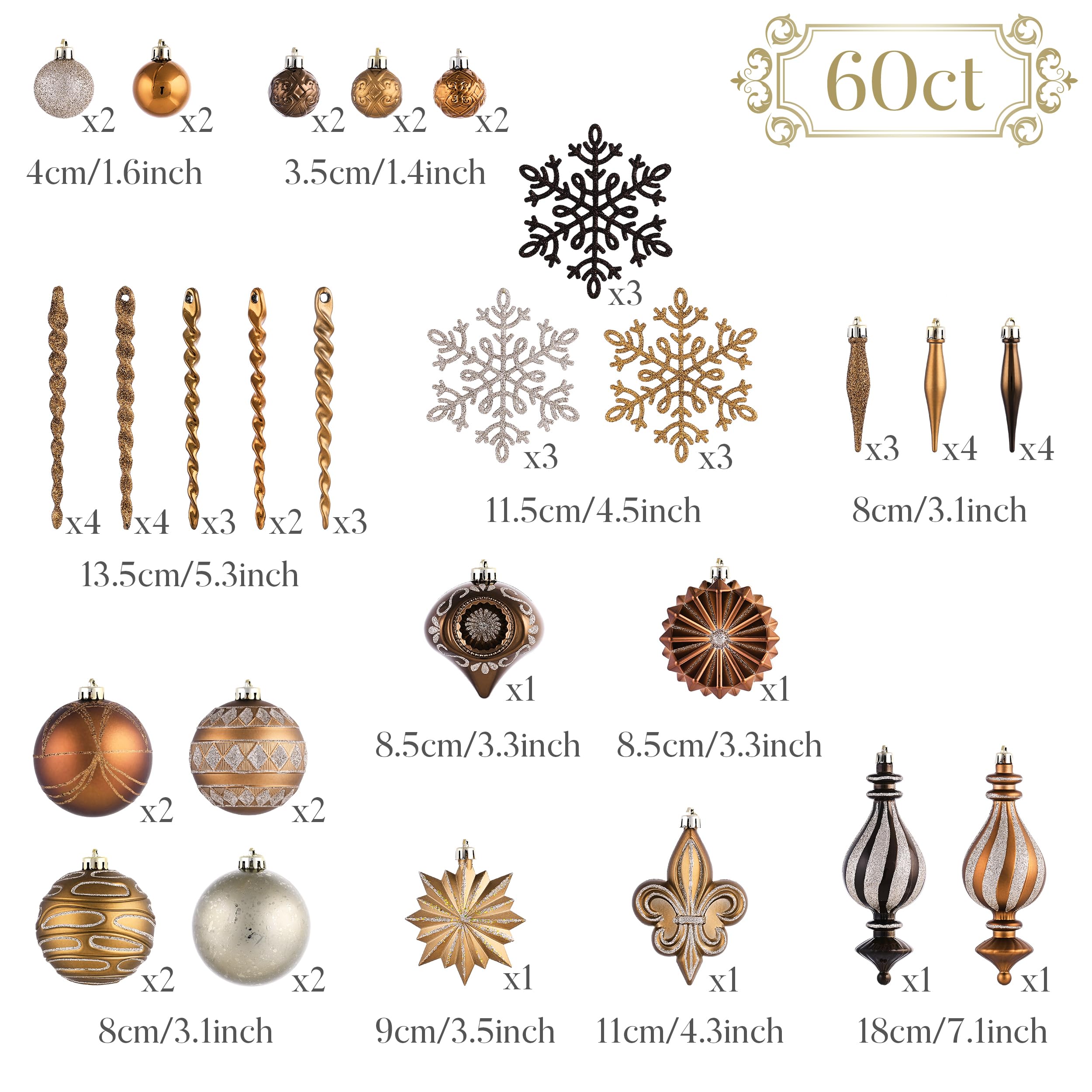 Valery Madelyn Ornaments for Christmas Trees, 60ct Bronze Copper and Gold Shatterproof Christmas Tree Decorations, Luxury Brown Hanging Ball Ornaments Bulk for Xmas Holiday Decor