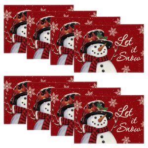 artoid mode red snowman let it snow winter placemats set of 8, 12x18 inch seasonal christmas holiday table mats for party kitchen dining decoration