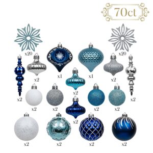 Valery Madelyn Christmas Tree Ornaments, 70ct Navy Blue and Silver Shatterproof Christmas Balls Decoration Set, Winter Wonderland Hanging Tree Ornament Bulk for Xmas Holiday Party Decor