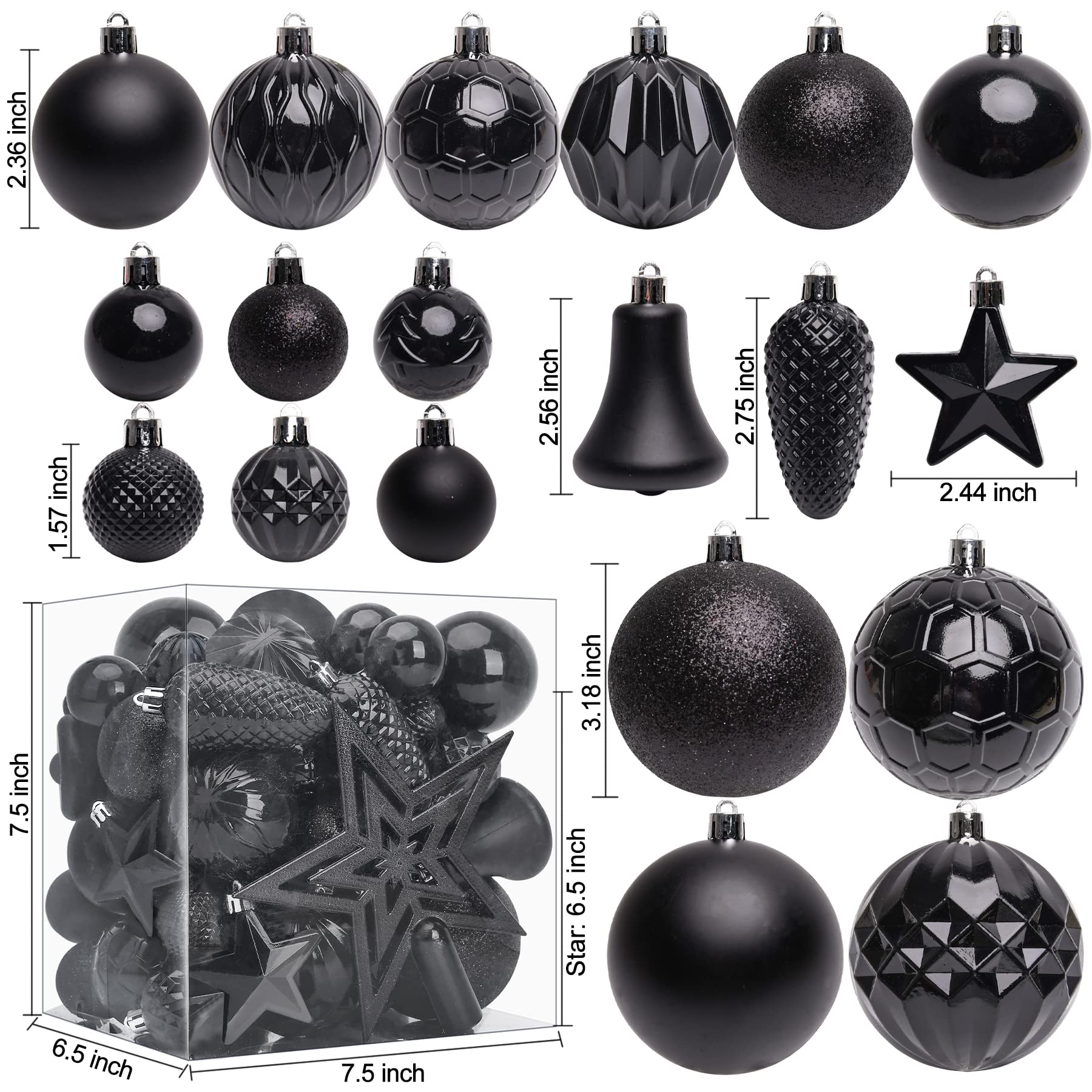 Black Ornaments Christmas Tree Decorations - 45pcs Shatterproof Christmas Ornaments Set Assorted Christmas Ornaments Decor Baubles Plastic, Multi Size