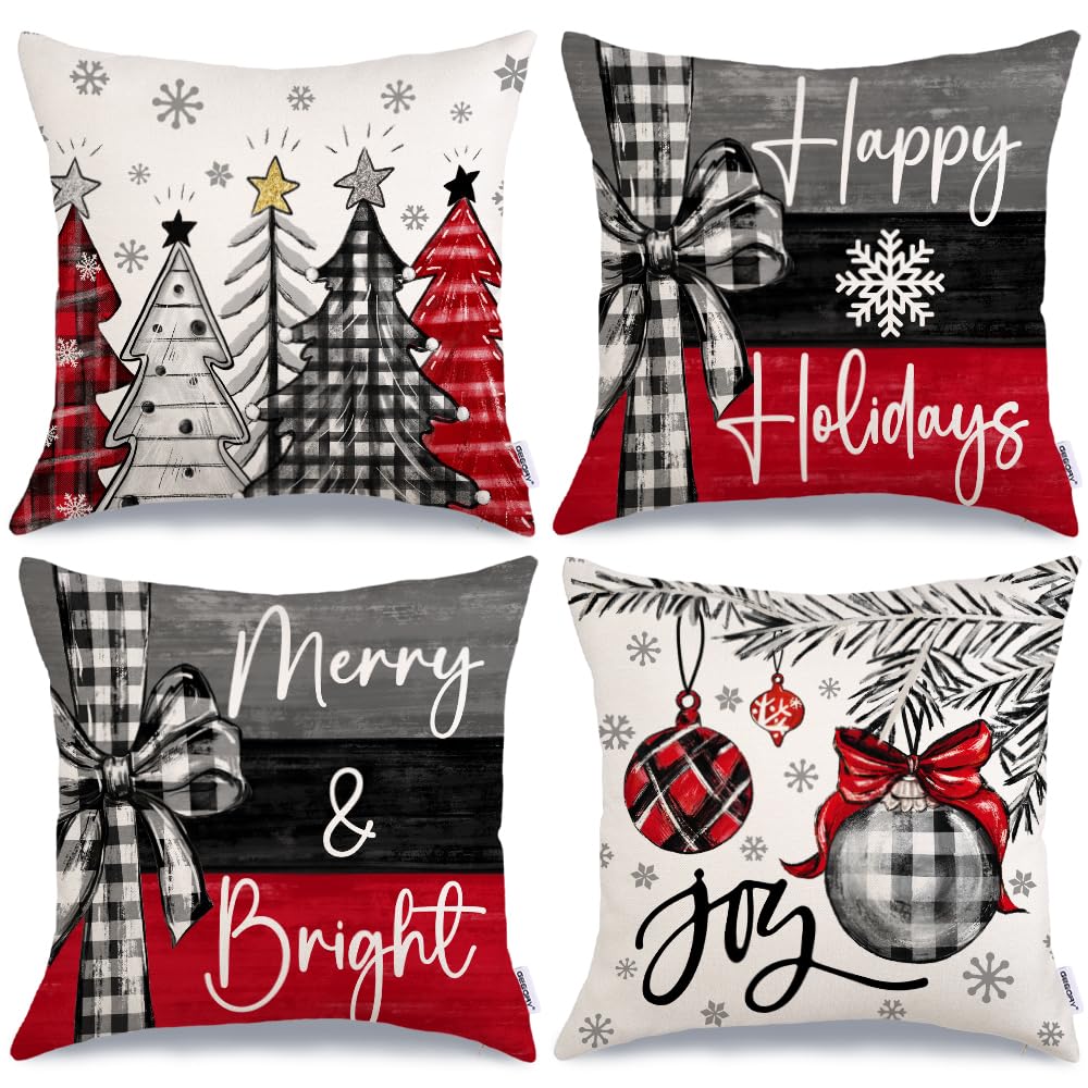 GEEORY Christmas Throw Pillow Covers 18 x 18 Inch Set of 4, Xmas Trees Merry and Bright Happy Holidays Farmhouse Decorative Cushion Cases for Home Decoration G418-18