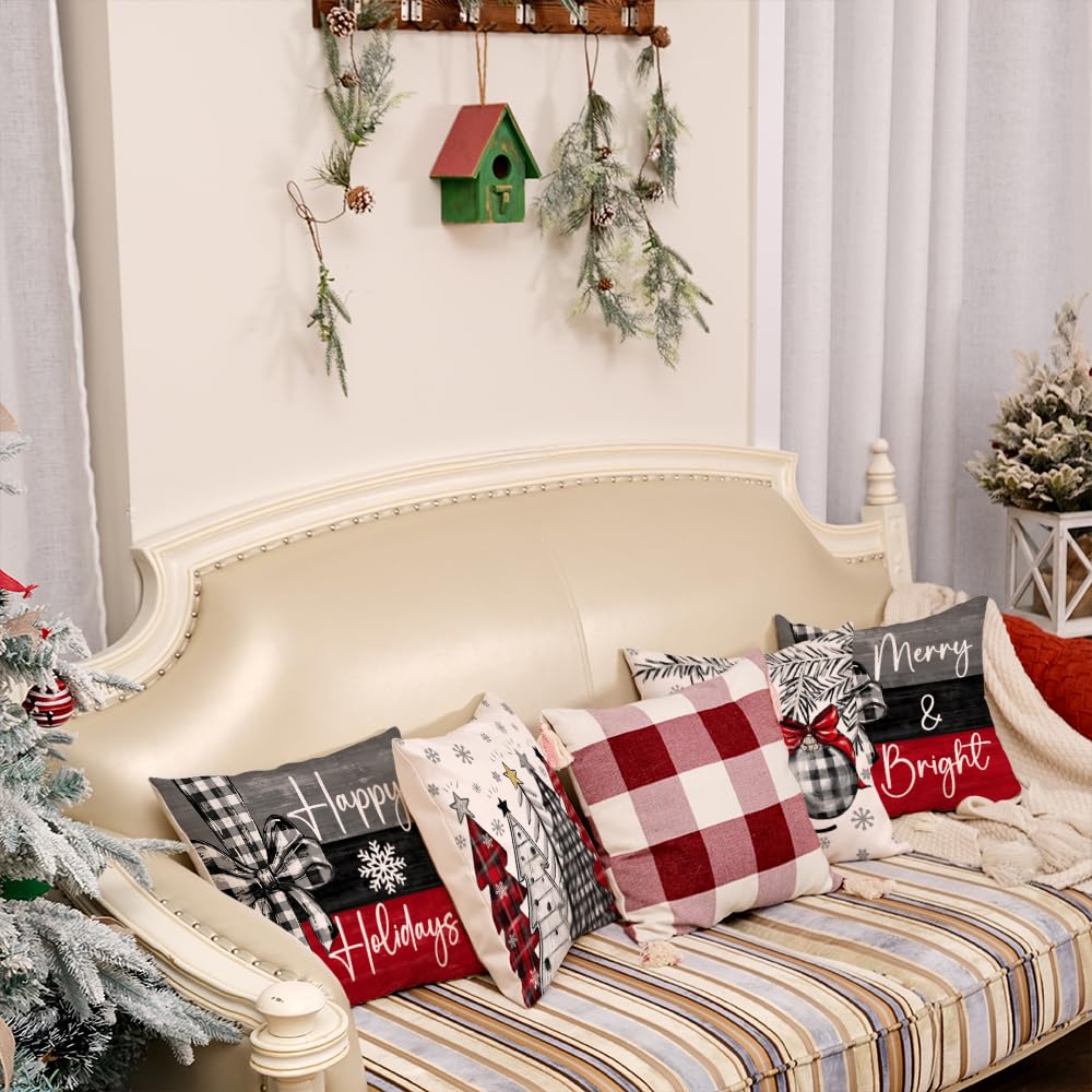 GEEORY Christmas Throw Pillow Covers 18 x 18 Inch Set of 4, Xmas Trees Merry and Bright Happy Holidays Farmhouse Decorative Cushion Cases for Home Decoration G418-18