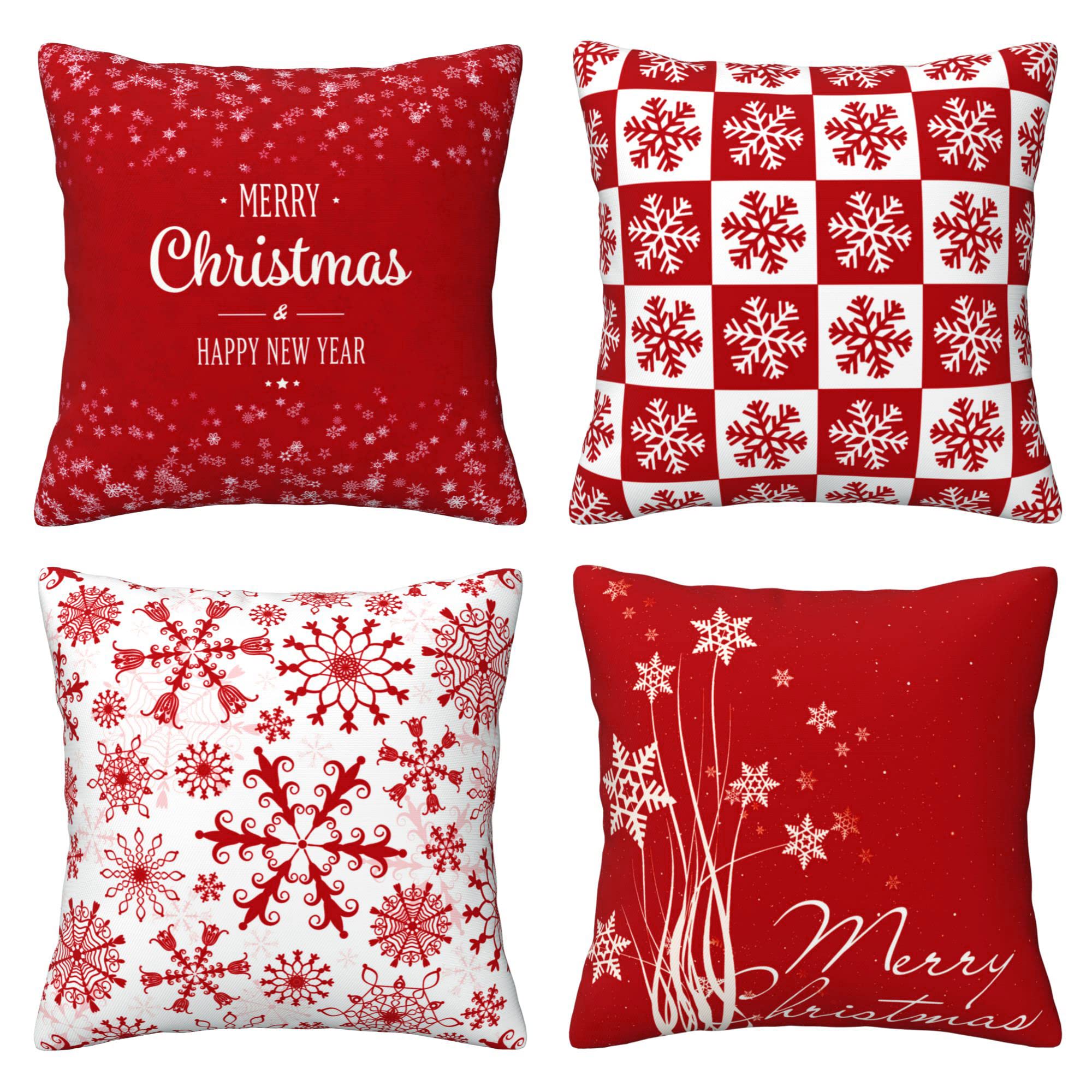 HELERKOL Set of 4 Red Merry Christmas Throw Pillow Covers 18 x 18 inch Snowflake Pillow Covers for Couch Sofa Winter Holiday Decoration Cushion Case