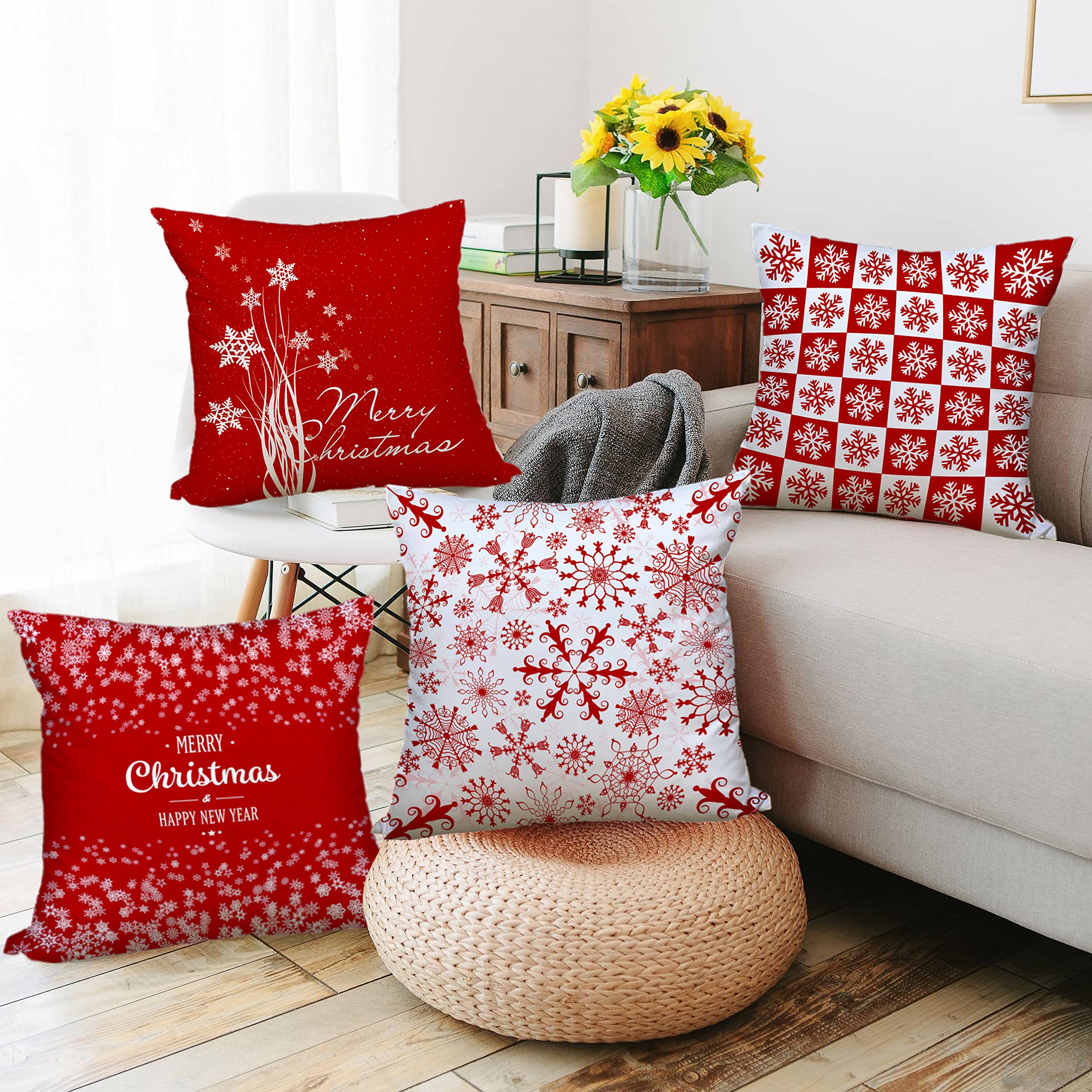 HELERKOL Set of 4 Red Merry Christmas Throw Pillow Covers 18 x 18 inch Snowflake Pillow Covers for Couch Sofa Winter Holiday Decoration Cushion Case