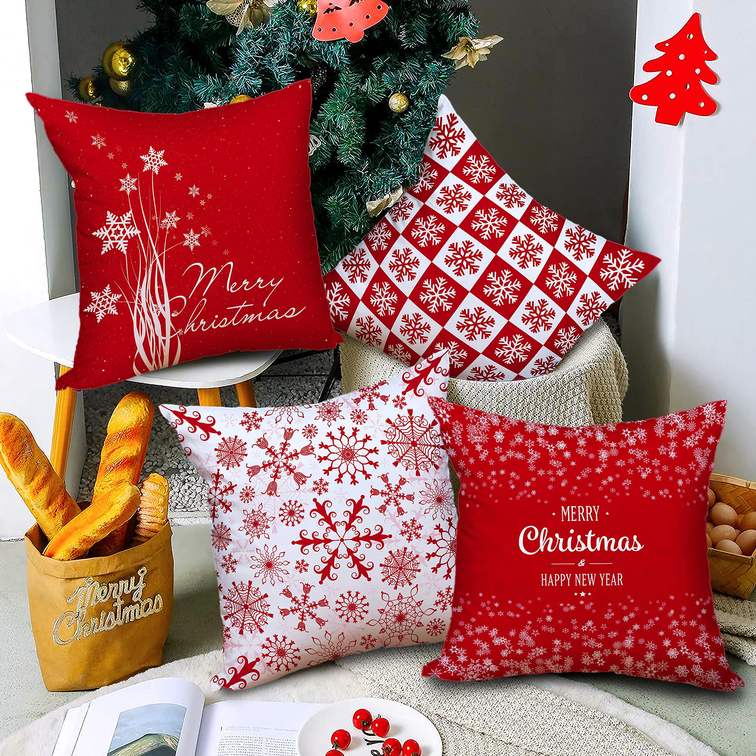 HELERKOL Set of 4 Red Merry Christmas Throw Pillow Covers 18 x 18 inch Snowflake Pillow Covers for Couch Sofa Winter Holiday Decoration Cushion Case