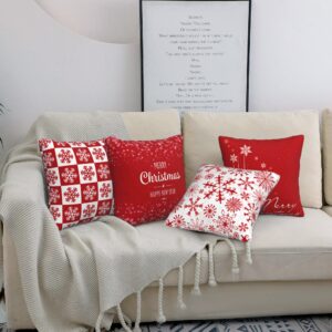 HELERKOL Set of 4 Red Merry Christmas Throw Pillow Covers 18 x 18 inch Snowflake Pillow Covers for Couch Sofa Winter Holiday Decoration Cushion Case