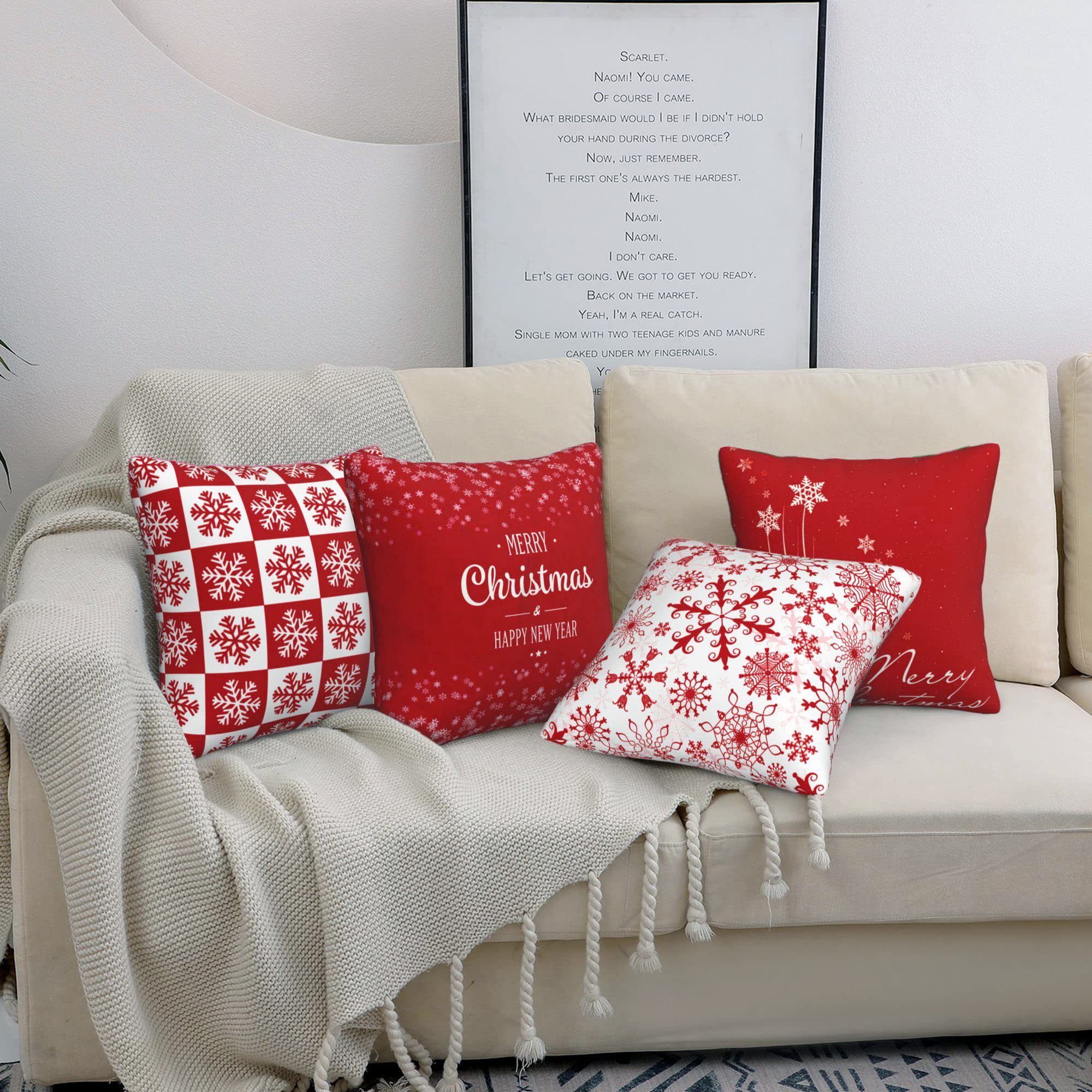 HELERKOL Set of 4 Red Merry Christmas Throw Pillow Covers 18 x 18 inch Snowflake Pillow Covers for Couch Sofa Winter Holiday Decoration Cushion Case