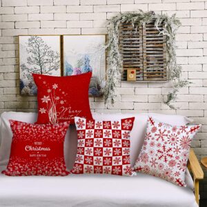 HELERKOL Set of 4 Red Merry Christmas Throw Pillow Covers 18 x 18 inch Snowflake Pillow Covers for Couch Sofa Winter Holiday Decoration Cushion Case