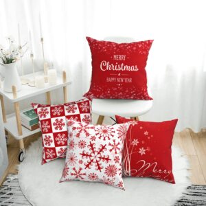 HELERKOL Set of 4 Red Merry Christmas Throw Pillow Covers 18 x 18 inch Snowflake Pillow Covers for Couch Sofa Winter Holiday Decoration Cushion Case