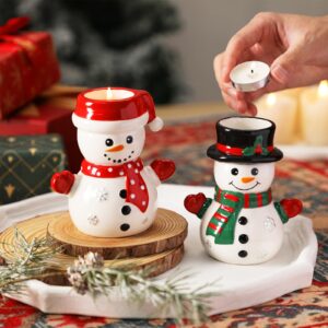 Christmas Snowman Tealight Holder Ceramic Candle Holder for Christmas Winter Holiday Table Fireplace Decorations Supplies Set of 2