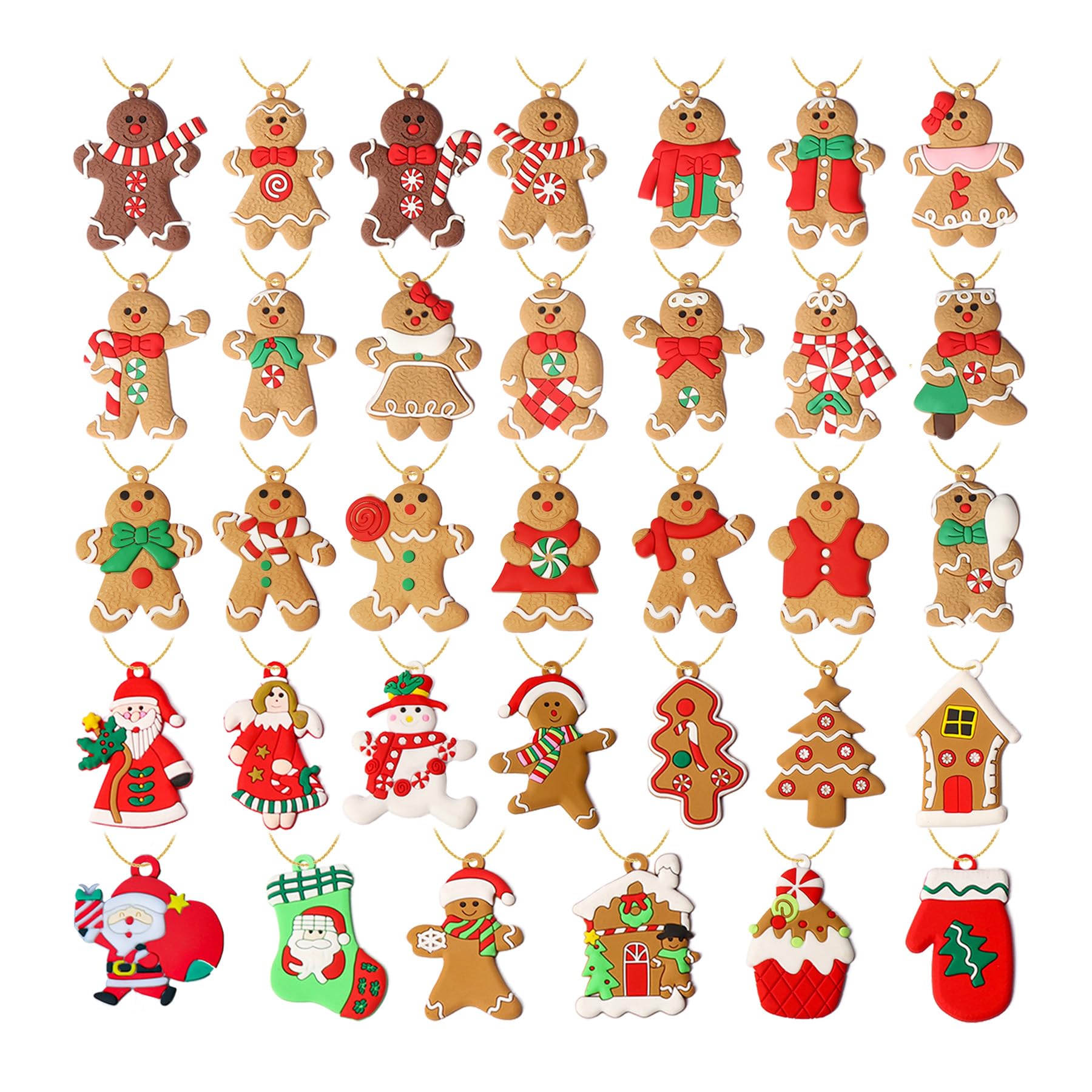 Vercoo 34 Pack Large Christmas Gingerbread Ornaments Set Gingerbread Man Ornaments Ginger Man with Strings Figurine Hanging Ornaments for Christmas Tree Decorations