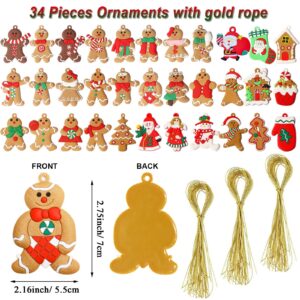 Vercoo 34 Pack Large Christmas Gingerbread Ornaments Set Gingerbread Man Ornaments Ginger Man with Strings Figurine Hanging Ornaments for Christmas Tree Decorations
