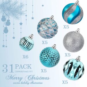 31pcs 2.75in & 1.97in Christmas Decoration Balls Shatterproof Colorful Set Ornaments Balls for Festival Wedding Home Party Decors Xmas Tree Hanging (Baby Blue & Silver)