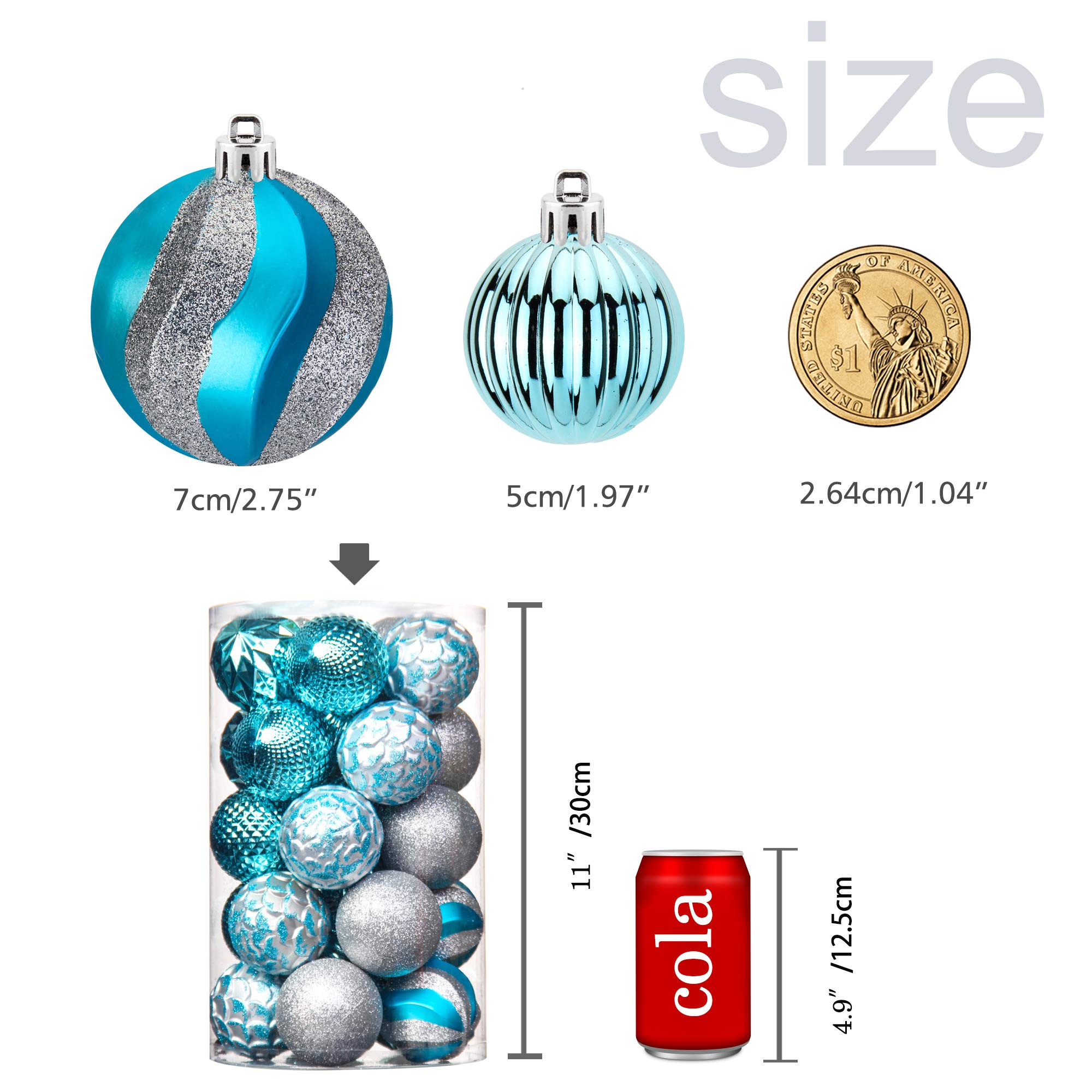 31pcs 2.75in & 1.97in Christmas Decoration Balls Shatterproof Colorful Set Ornaments Balls for Festival Wedding Home Party Decors Xmas Tree Hanging (Baby Blue & Silver)