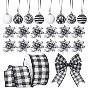 49 Pcs Christmas Tree Hanging Ornament Set Artificial Glitter Poinsettias Flower with Clips Sequin Christmas Ball Ornaments Black and White Buffalo Plaid Decorations Wired Edge Plaid Ribbon Tree Decor