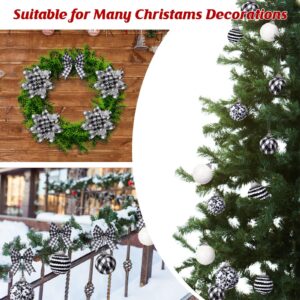 49 Pcs Christmas Tree Hanging Ornament Set Artificial Glitter Poinsettias Flower with Clips Sequin Christmas Ball Ornaments Black and White Buffalo Plaid Decorations Wired Edge Plaid Ribbon Tree Decor