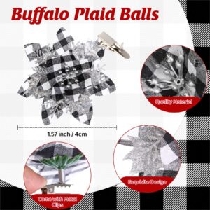 49 Pcs Christmas Tree Hanging Ornament Set Artificial Glitter Poinsettias Flower with Clips Sequin Christmas Ball Ornaments Black and White Buffalo Plaid Decorations Wired Edge Plaid Ribbon Tree Decor