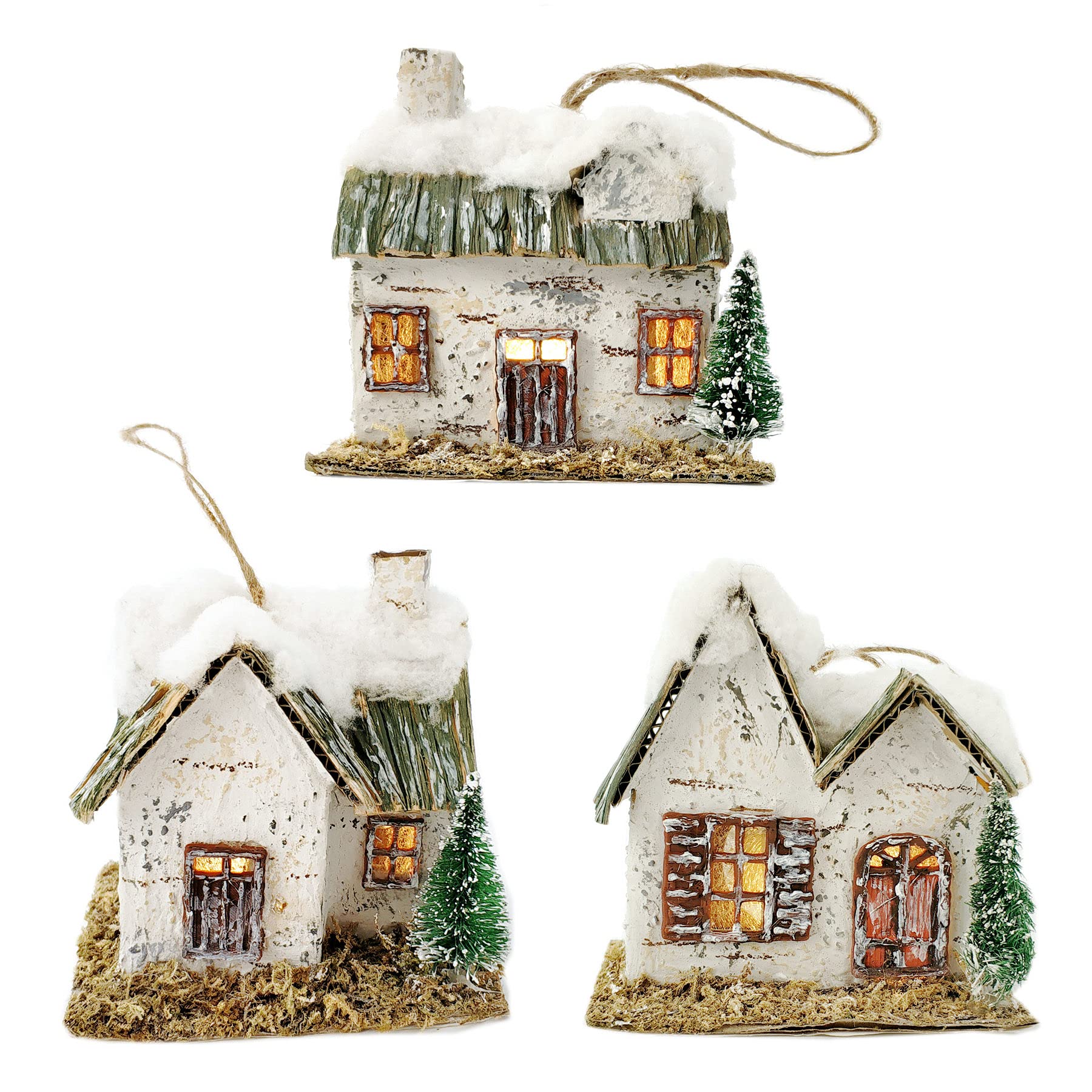 Nature Vibe Snow Village Houses Ornament with Warm Led Lights, Set of 3 Birch Log Cabin Christmas Tree Ornaments,Rustic House Figurines as Winter Wonderland Decorations