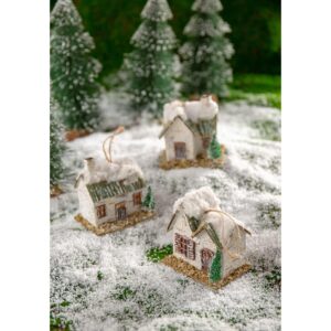 Nature Vibe Snow Village Houses Ornament with Warm Led Lights, Set of 3 Birch Log Cabin Christmas Tree Ornaments,Rustic House Figurines as Winter Wonderland Decorations