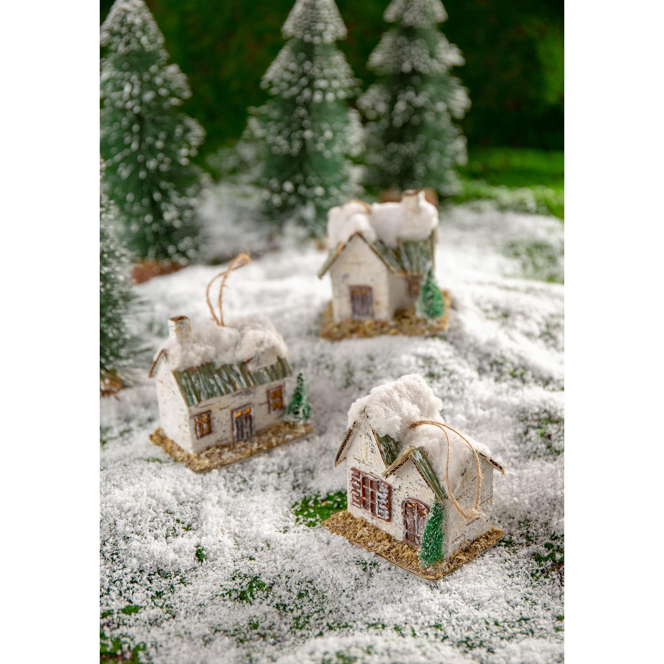 Nature Vibe Snow Village Houses Ornament with Warm Led Lights, Set of 3 Birch Log Cabin Christmas Tree Ornaments,Rustic House Figurines as Winter Wonderland Decorations