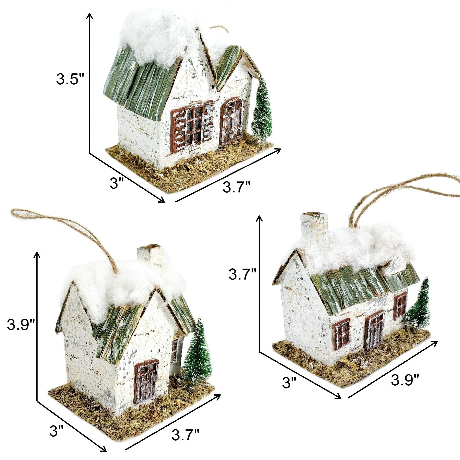 Nature Vibe Snow Village Houses Ornament with Warm Led Lights, Set of 3 Birch Log Cabin Christmas Tree Ornaments,Rustic House Figurines as Winter Wonderland Decorations