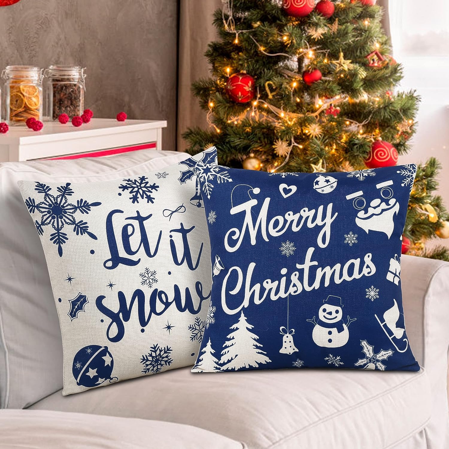 Harraca Christmas Pillow Covers 16x16 Set of 4, Christmas Decorations Throw Pillows, Christmas Pillows Decorative Throw Pillows, Blue Christmas Pillow Covers