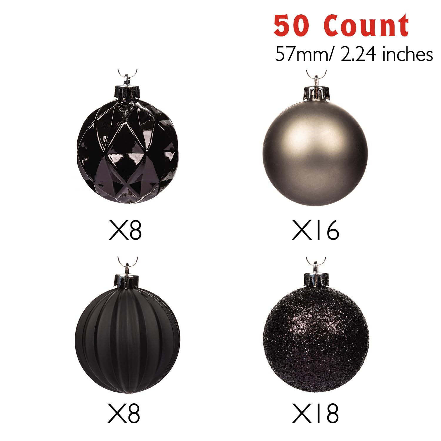 Every Day is Christmas Ornaments, Shatterproof Christmas Tree Ornament Set, Christmas Balls Decoration 50 Count (2.24"/57mm, Black Grey)