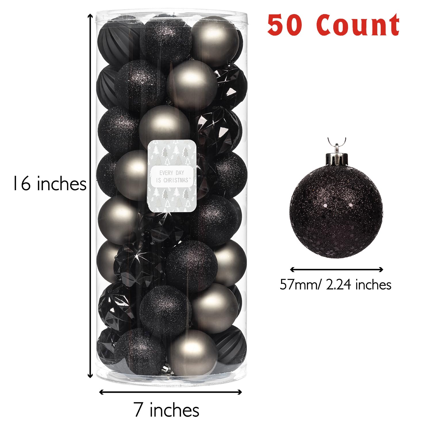 Every Day is Christmas Ornaments, Shatterproof Christmas Tree Ornament Set, Christmas Balls Decoration 50 Count (2.24"/57mm, Black Grey)