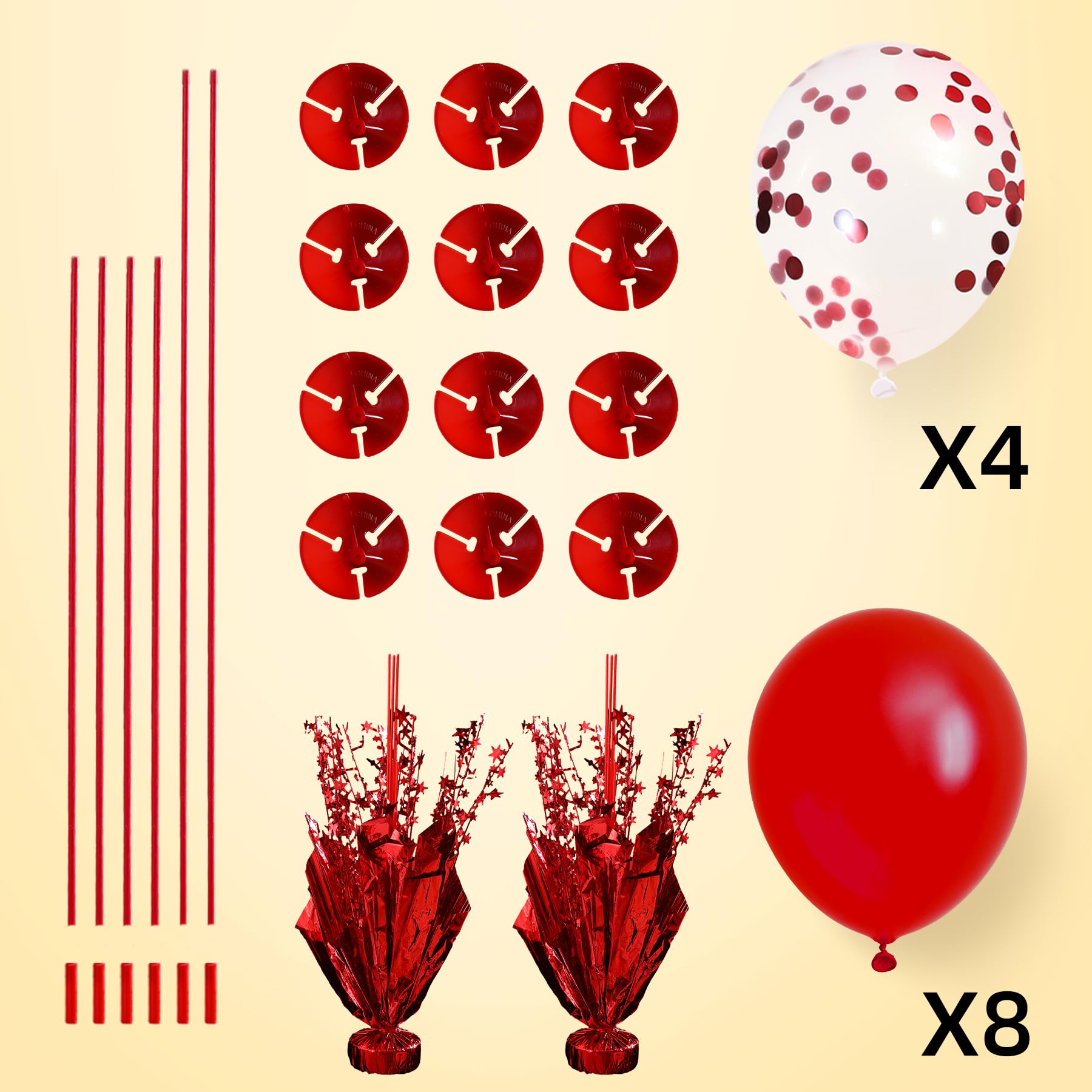 2 Set Red Table Balloons Centerpiece with 12 Red and Confetti Balloons Stand Kit for Graduation Birthday Party Baby Shower Merry Christmas Valentine's Wedding Prom Cake Table Decorations