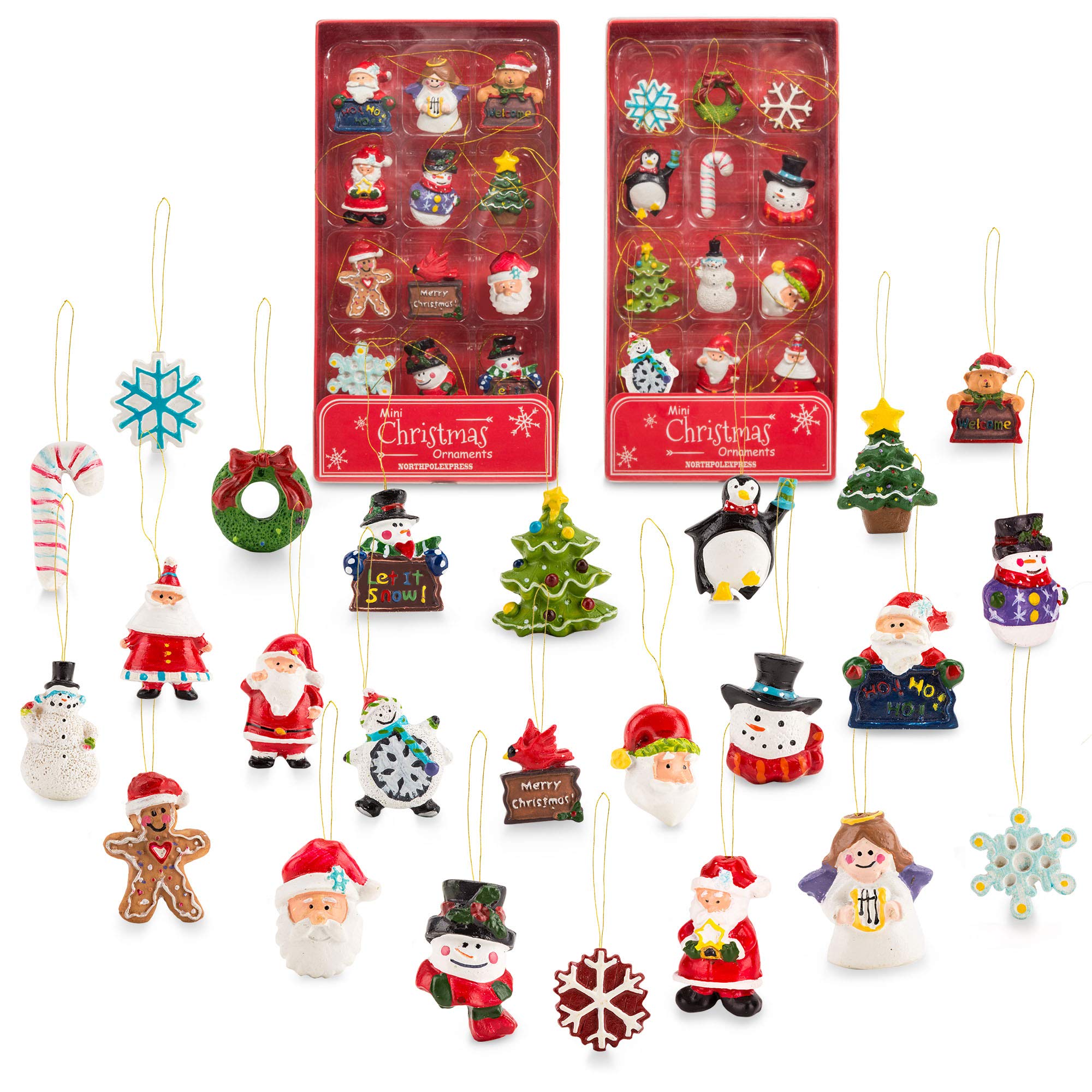 Mini Resin Christmas Ornaments Set of 24 - Rustic Christmas Decorations - Small Miniature Christmas Tree Ornaments - Santa Snowman Gingerbread Angel - Tiny Christmas Tree Decorations With Gift Box!