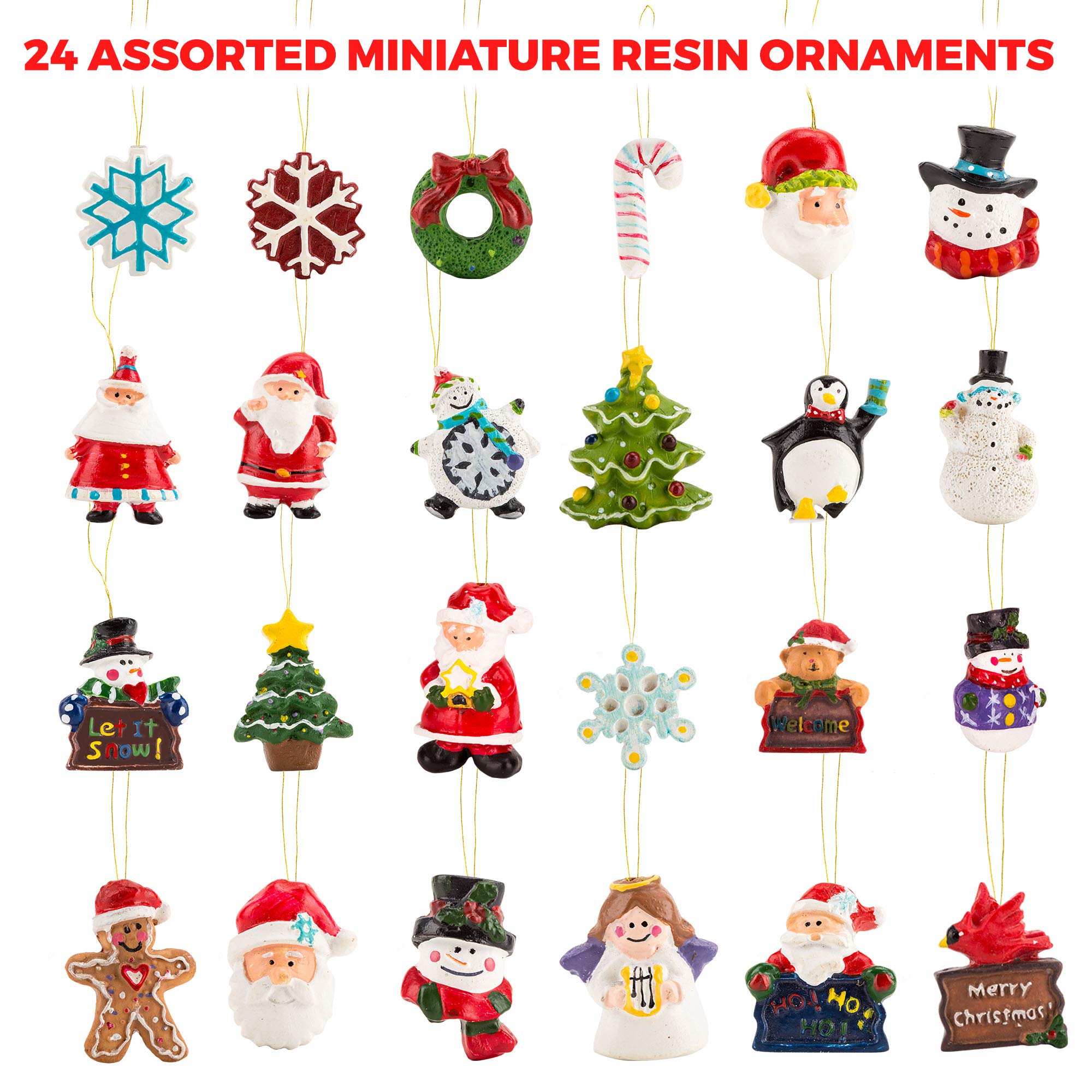 Mini Resin Christmas Ornaments Set of 24 - Rustic Christmas Decorations - Small Miniature Christmas Tree Ornaments - Santa Snowman Gingerbread Angel - Tiny Christmas Tree Decorations With Gift Box!