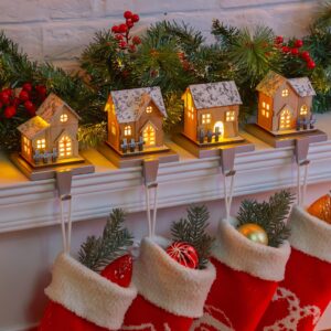 christmas stocking holders for mantle, set of 4 christmas mantle wood room stocking hangers with lights, weighted christmas different room stocking hooks for fireplace counter window decoration