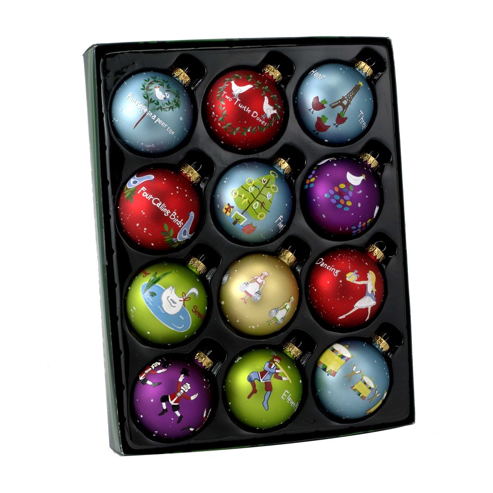 Kurt Adler Twelve Days of Christmas Ball Ornament, 65mm, Set of 12, Glass