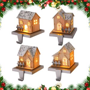 Christmas Stocking Holders for Mantle, Set of 4 Christmas Mantle Wood Room Stocking Hangers with Lights, Weighted Christmas Different Room Stocking Hooks for Fireplace Counter Window Decoration